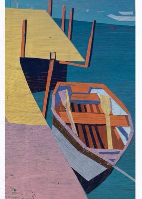 Linda Pouliot collage of a rowboat beside a dock