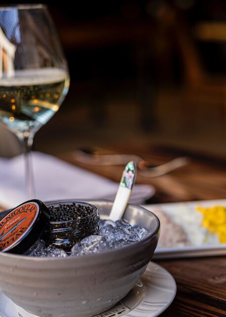California caviar and estate sparkling at Andys Beeline Rooftop
