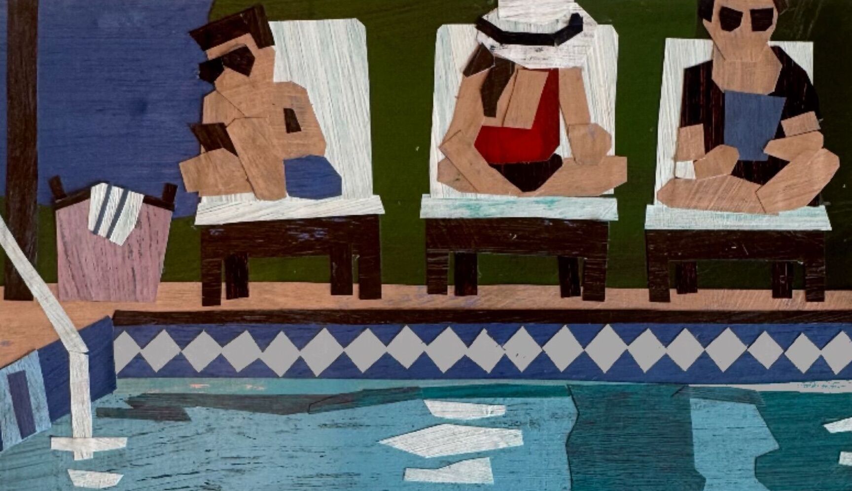Linda Pouliot collage of three sunbathers seated beside a pool
