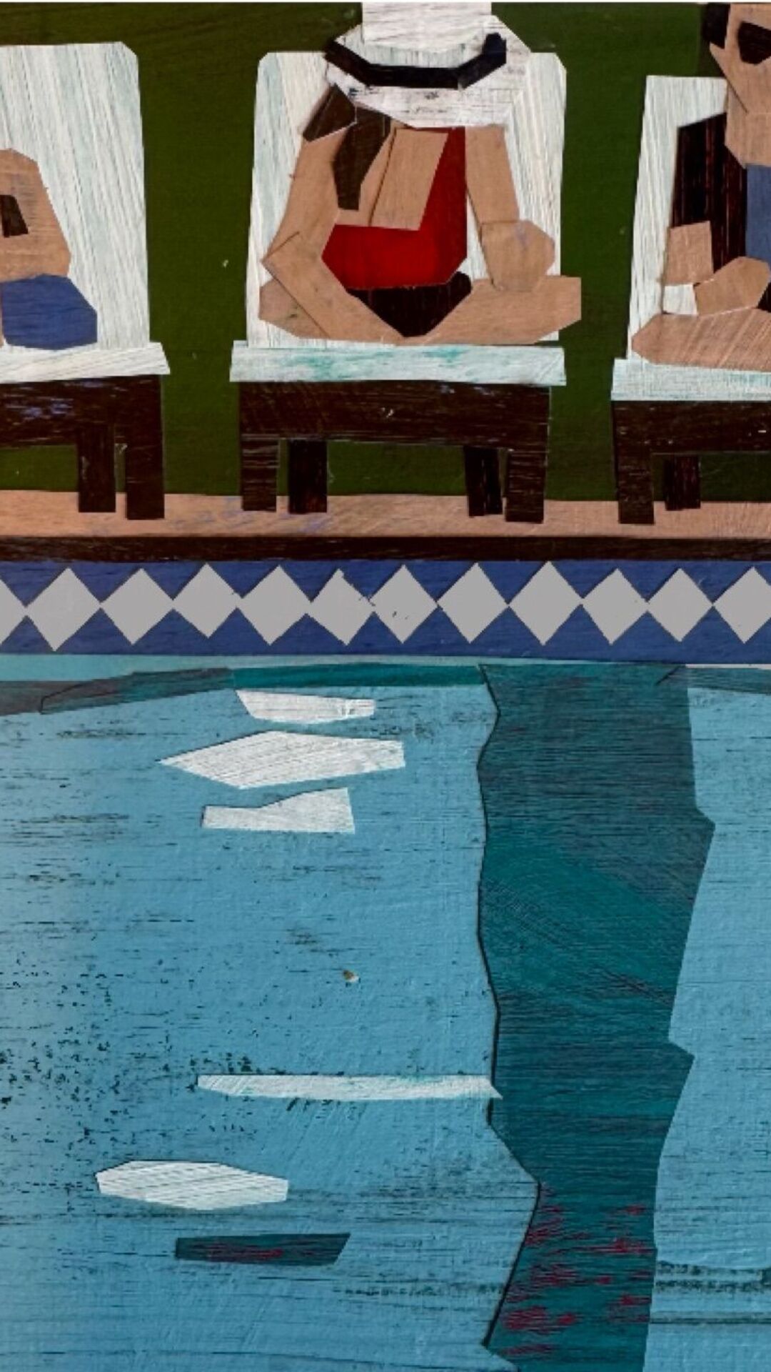 Linda Pouliot collage of three sunbathers seated beside a pool