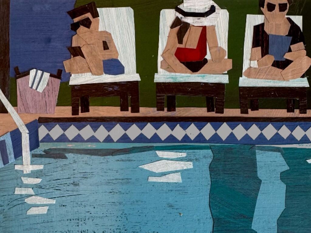 Linda Pouliot collage of three sunbathers seated beside a pool