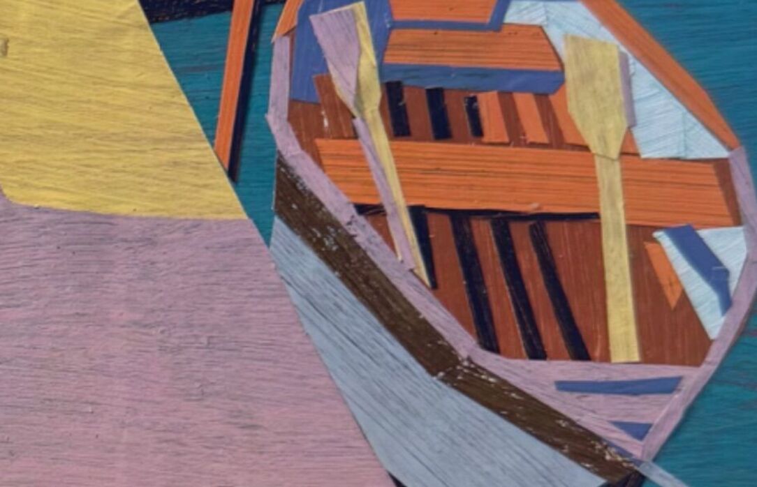 Linda Pouliot collage of an orange rowboat moored beside a yellow dock