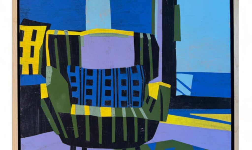 Linda Pouliot painted-paper collage of an armchair by a window in saturated blues and yellow