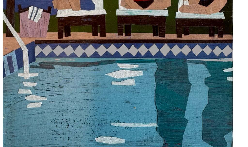 Linda Pouliot collage of three sunbathers seated beside a pool
