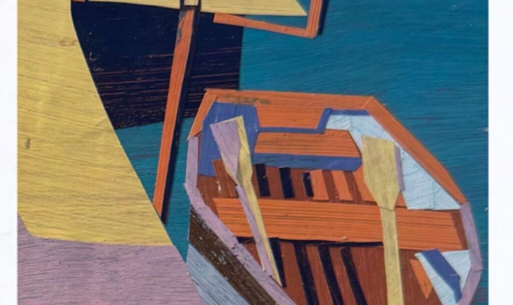Linda Pouliot collage of an orange rowboat moored beside a yellow dock