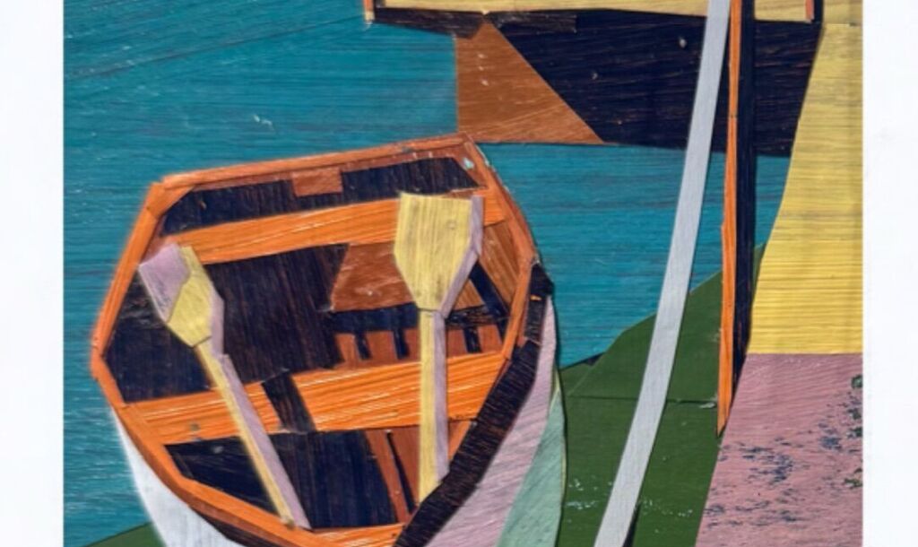 Linda Pouliot collage of a rowboat and dock on teal water